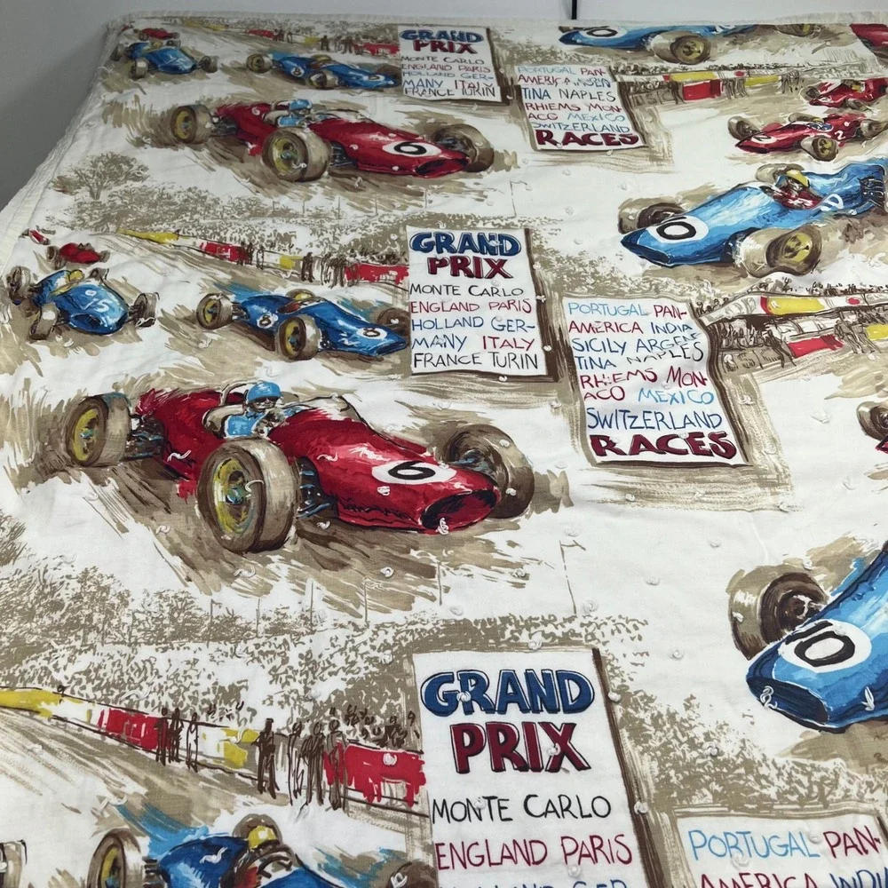 VTG 60s Grand Prix Race Car Hand Tied Quilt Blanket 51x87 Novelty Cotton Textile